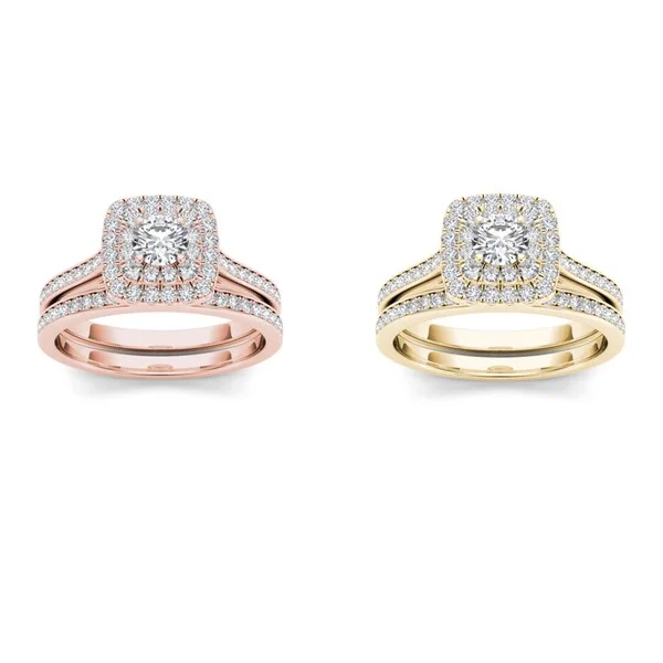 De Couer 10k Gold 3/4ct TDW Diamond Halo Engagement Ring Set