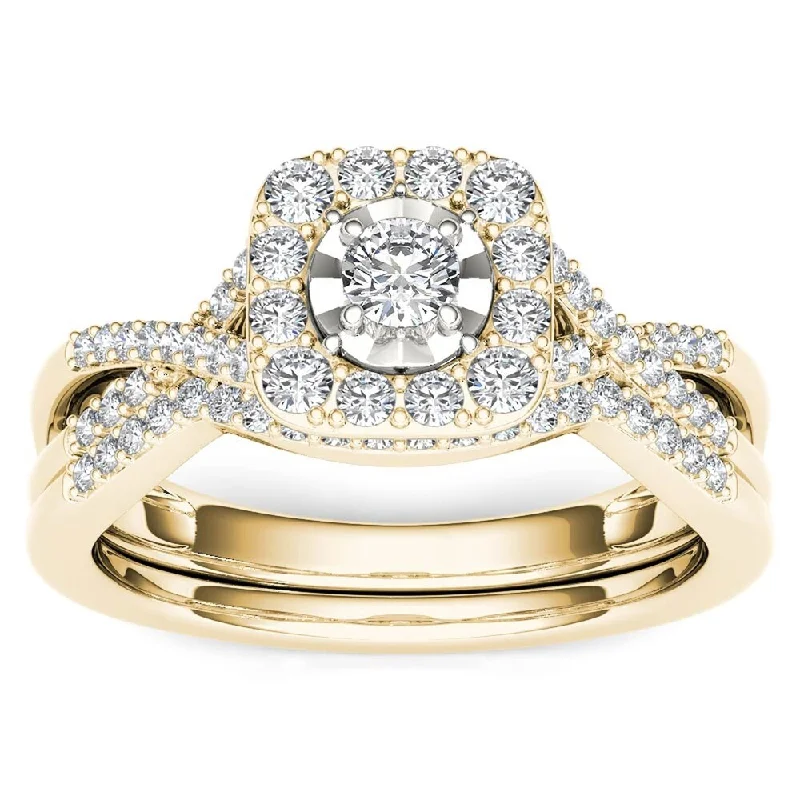 De Couer 10k Yellow Gold 2/5ct TDW Diamond Halo Engagement Ring Set with One Band