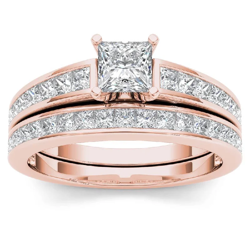 De Couer 14K Rose Gold 2ct TDW Princess-Cut Diamond Engagement Ring Set