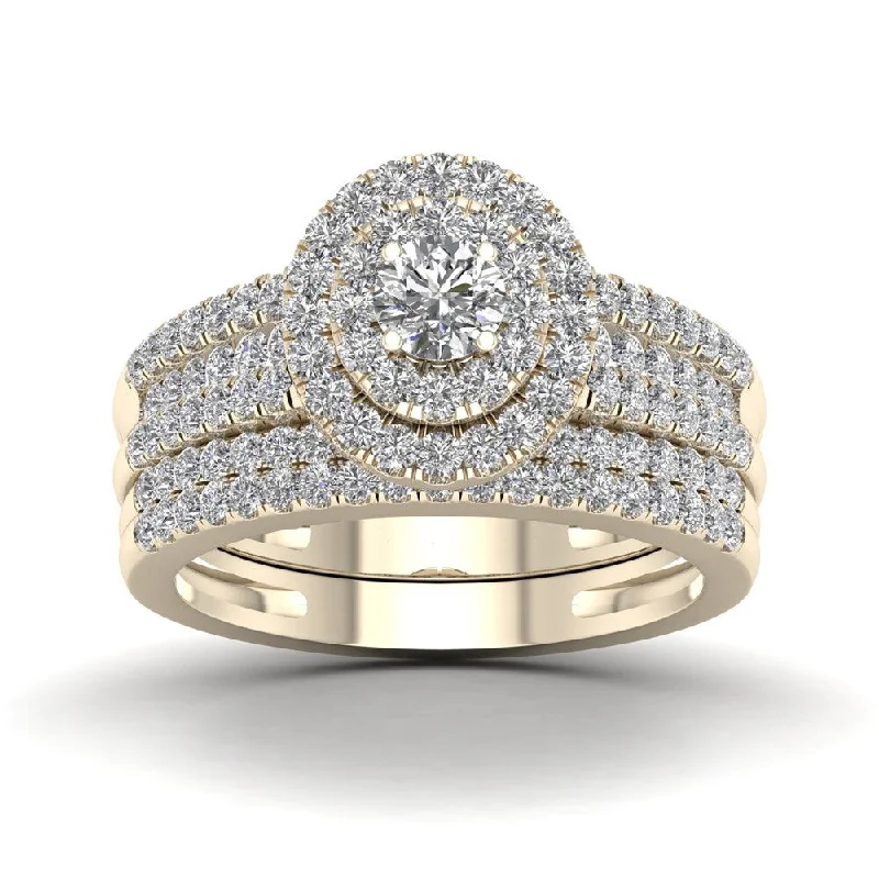 De Couer 1ct TDW Diamond Double Halo Engagement Ring Set in 14k Yellow Gold