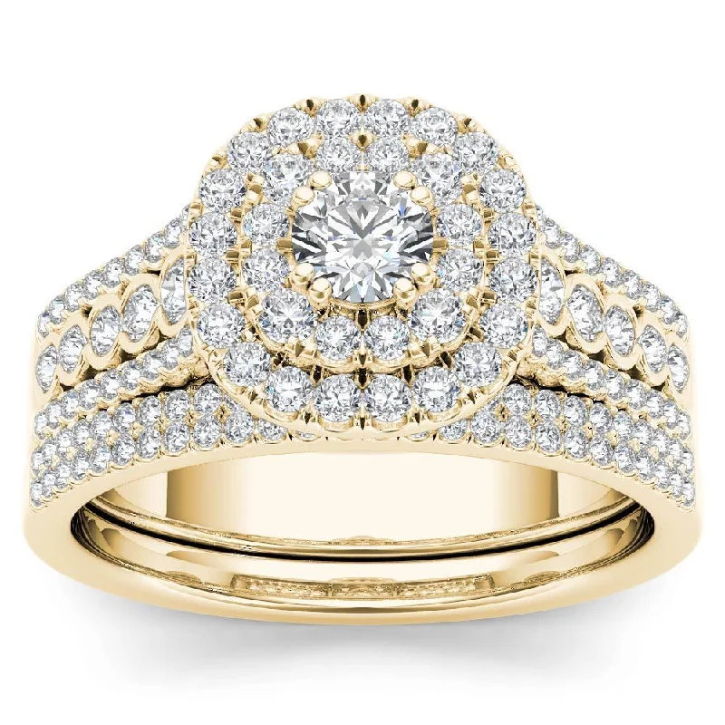 De Couer IGI Certified 10k Yellow Gold 1ct TDW Diamond Double Halo Engagement Ring Set with One Band