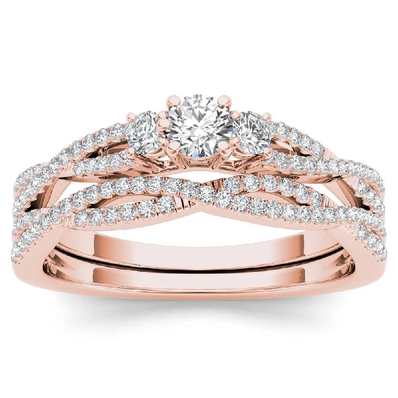 De Couer IGI Certified 14k Rose Gold 1/2ct TDW Diamond Three-Stone Anniversary Ring Set with One Band - Pink