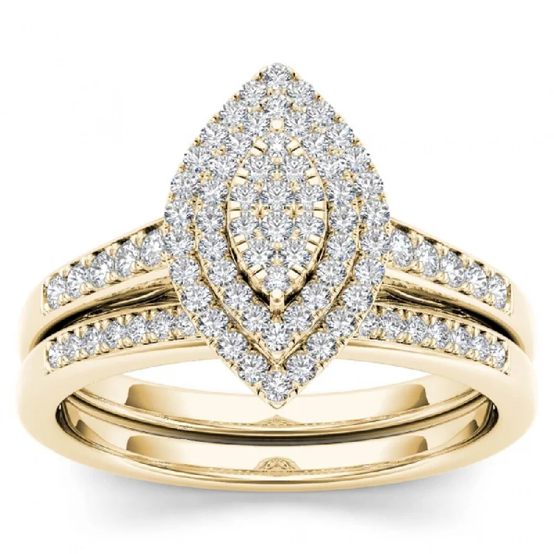 De Couer IGI Certified 14k Yellow Gold 1/3ct TDW Diamond Marquise Shape Halo Engagement Ring Set