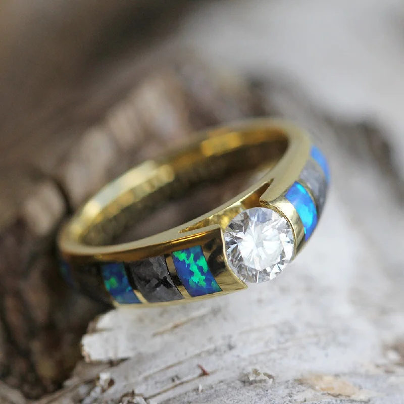 Diamond Engagement Ring with Meteorite and Opal Inlays