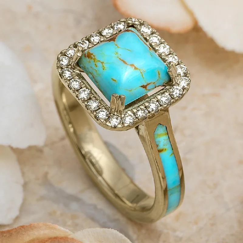 Diamond Halo Engagement Ring with Faceted Turquoise Stone