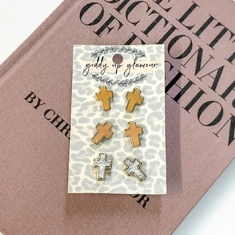 Druzy Cross Stud Earring Set in a Neutral Mix