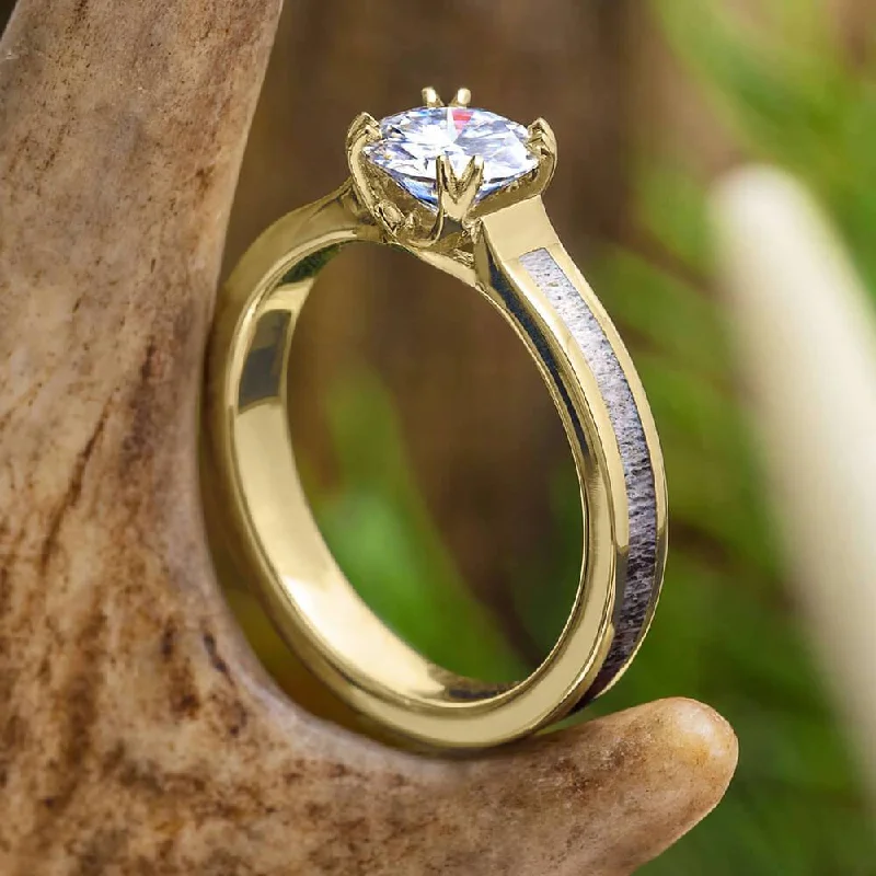 Unique Engagement Ring With Antler Inlay in Yellow Gold