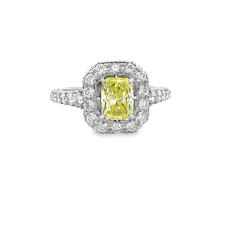 Fancy Yellow 1.02 ct. Cushion Cut Diamond Ring in Platinum