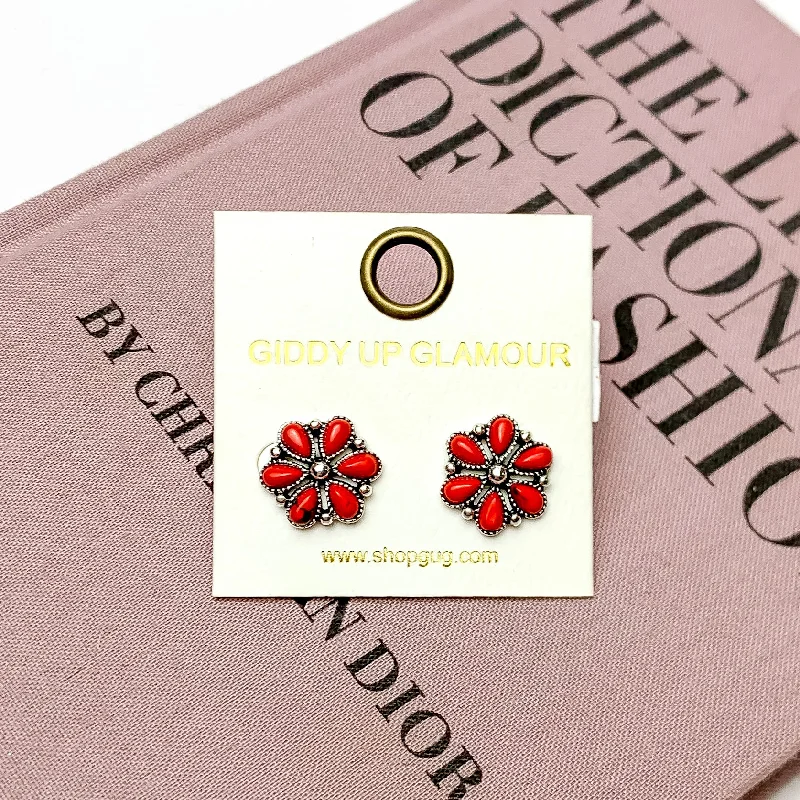 Flower Post Earrings with Faux Red Stones in Silver Tone