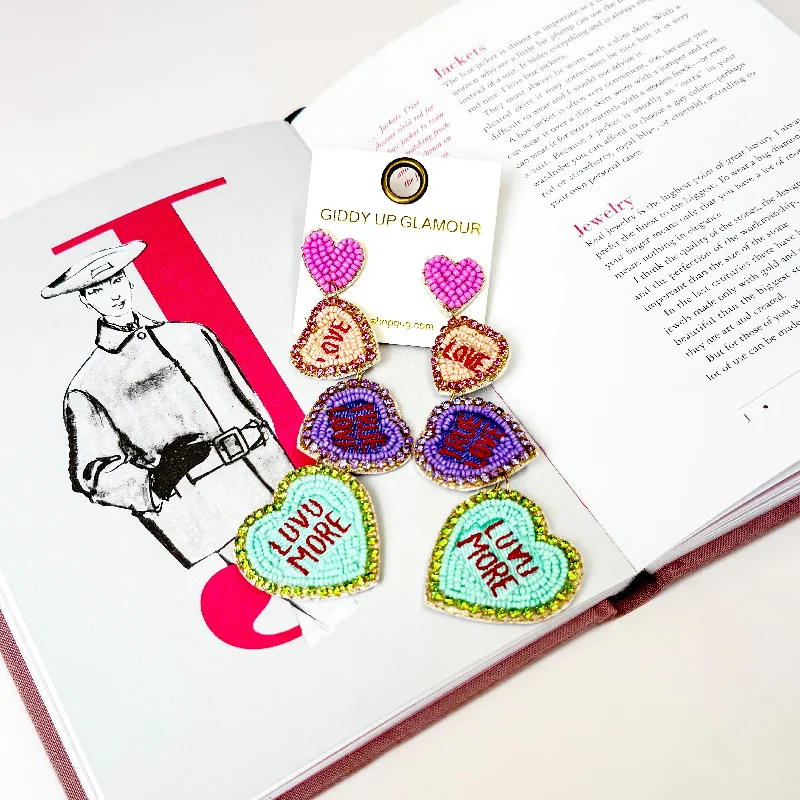 Four Tiered Beaded Multicolored Conversation Hearts Earrings