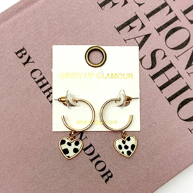 Gold Tone Hoop Earrings with Heart Dangle in White Dotted Print