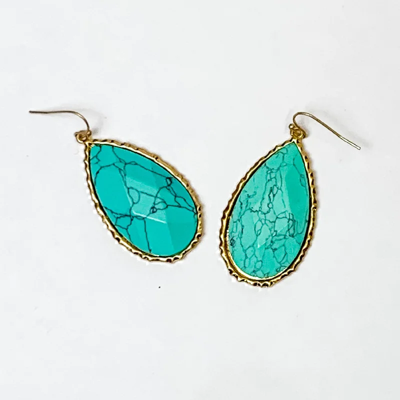 Gold Tone Teardrop Faux Stone Earrings in Turquoise