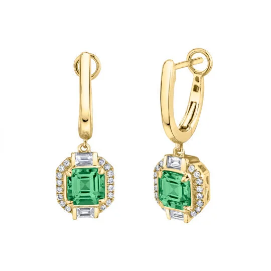 Green Tourmaline & Diamond Huggie Earrings in 14kt Yellow Gold