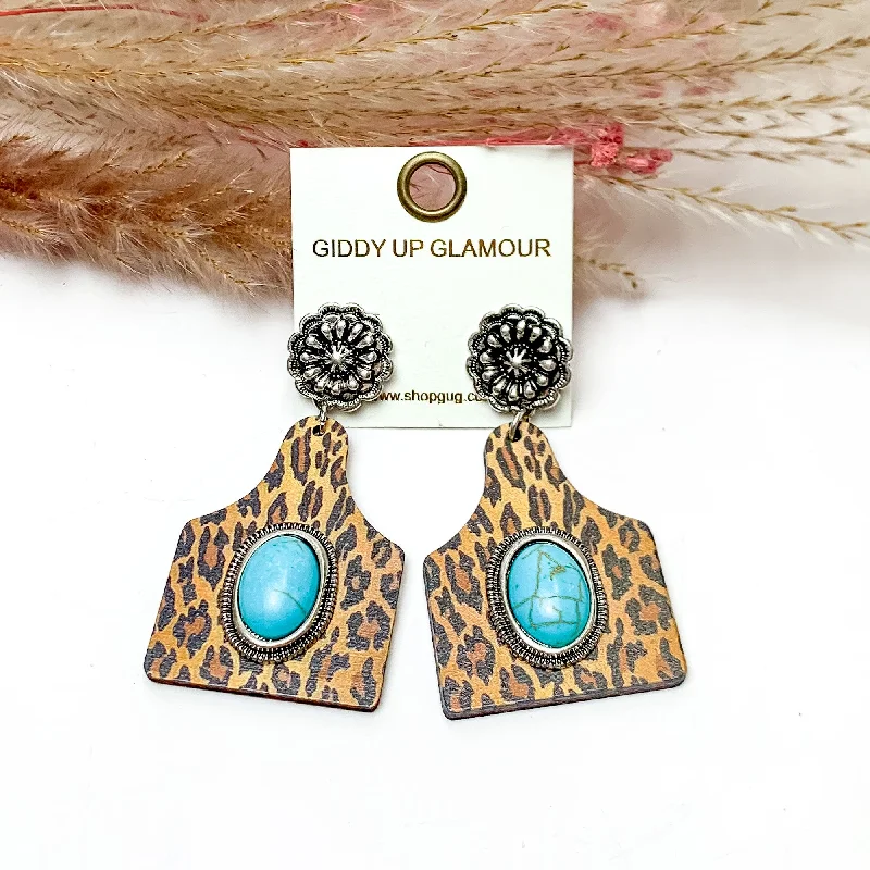 Leopard Cattle Tag Earrings With Turquoise Center Stone