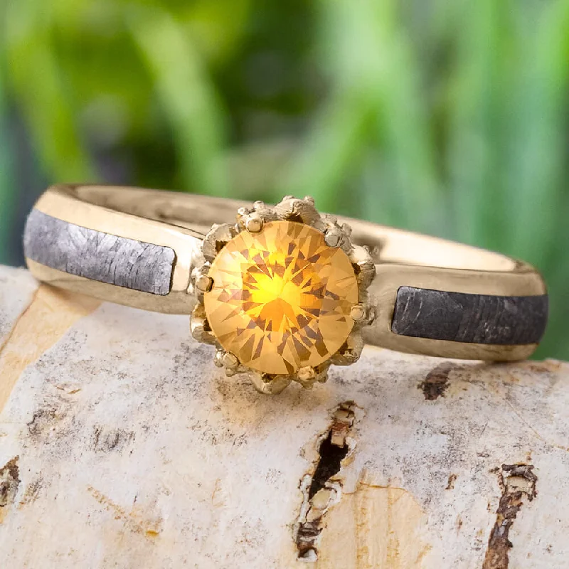 Lotus Flower Ring with Yellow Sapphire and Meteorite in Polished Gold