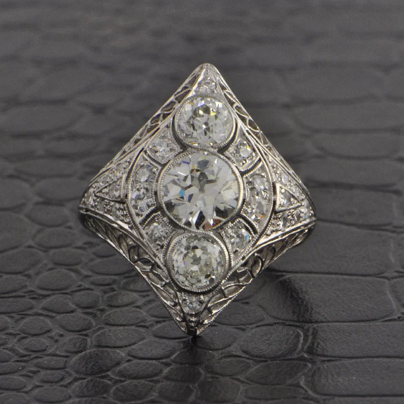 Navette Shaped Art Deco Diamond Cocktail Ring in Platinum