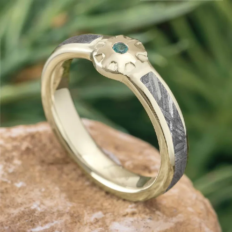 Mechanical Engagement Ring with Meteorite and Emerald