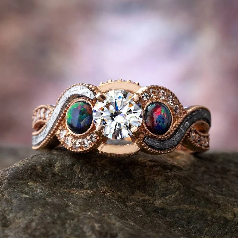 Unique Black Opal, Moissanite & Meteorite Engagement Ring