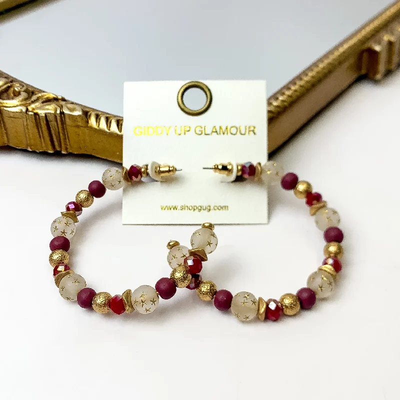 Midnight Sparkle Beaded Hoop Earrings in Gold and Wine Maroon