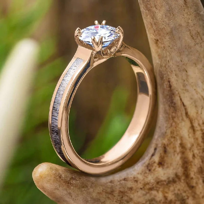 Moissanite Solitaire With Antler Inlay in Rose Gold