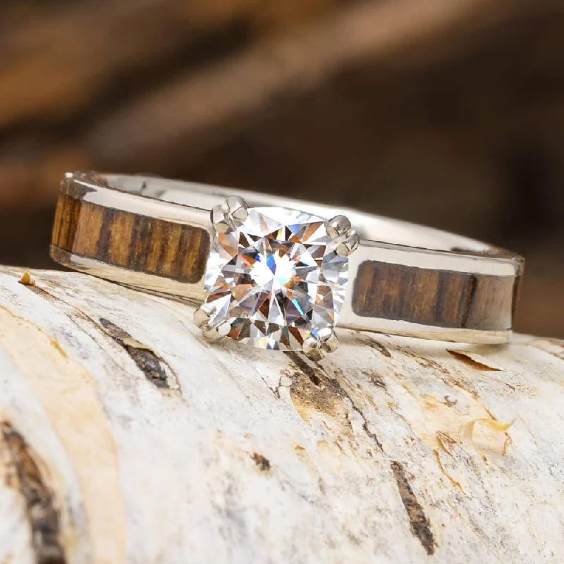 Cushion Cut Moissanite Solitaire Engagement Ring With Wood Inlay