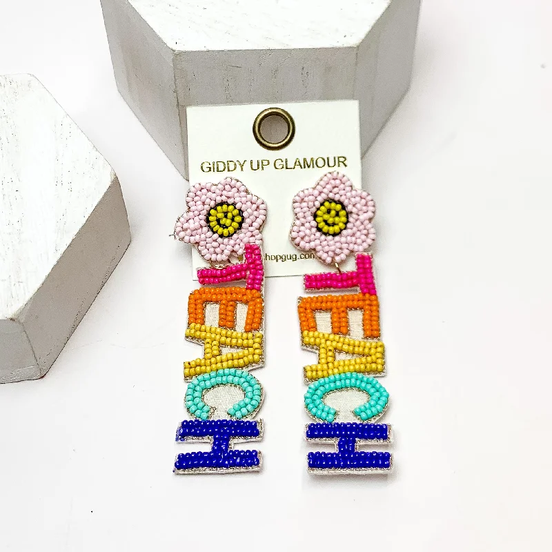 Multicolor "TEACH" Beaded Earrings With Flower Posts