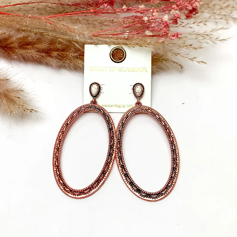 Oval Large Copper Tone Earrings With Ivory Posts