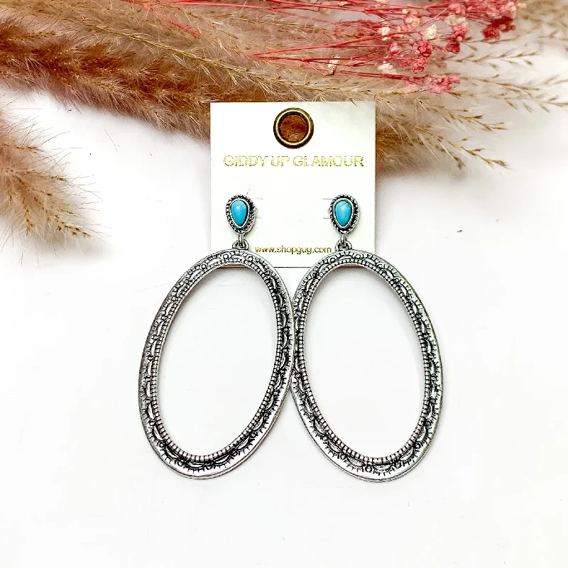 Oval Large Silver Tone Earrings With Turquoise Posts