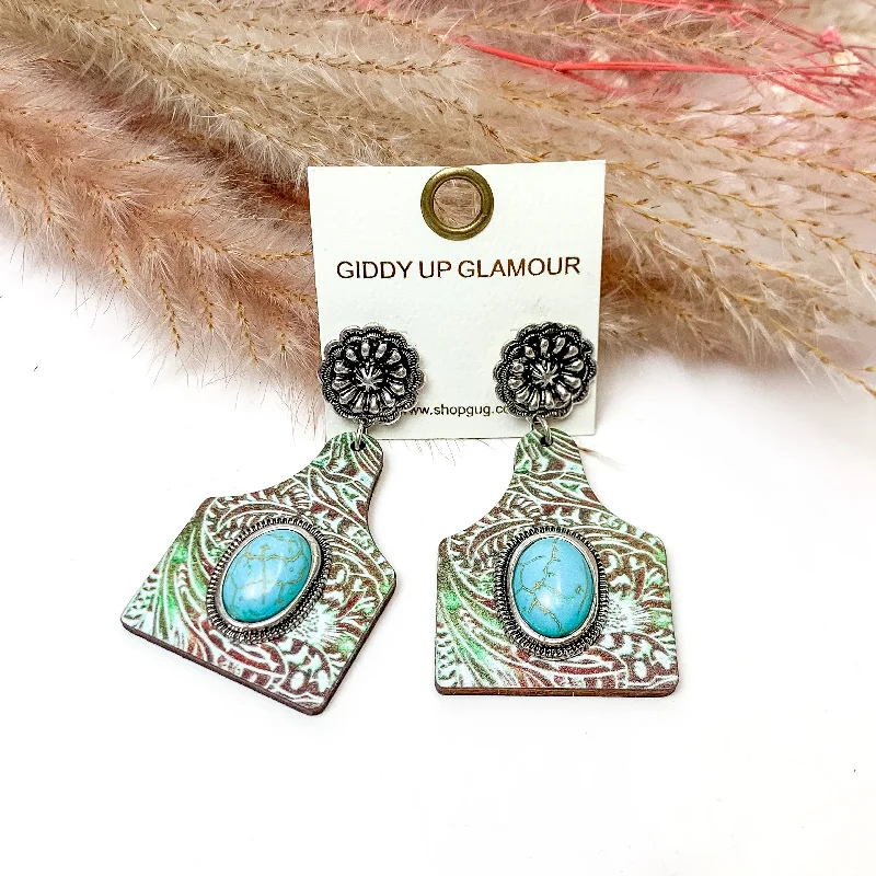 Patina Cattle Tag Earrings With Turquoise Center Stone