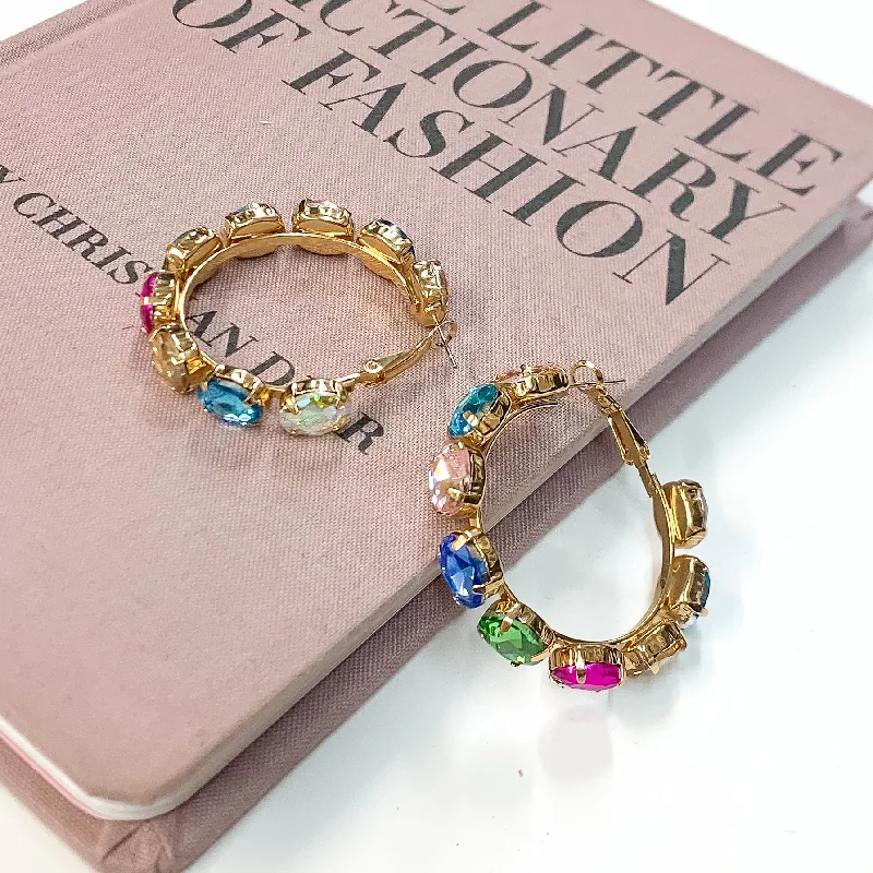 Pink Panache | Gold Tone Hoop Earrings with Multicolored Oval Crystals