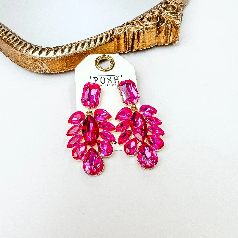 Posh by Pink Panache | Gold Tone Crystal Teardrop Statement Earrings in Fuchsia Pink