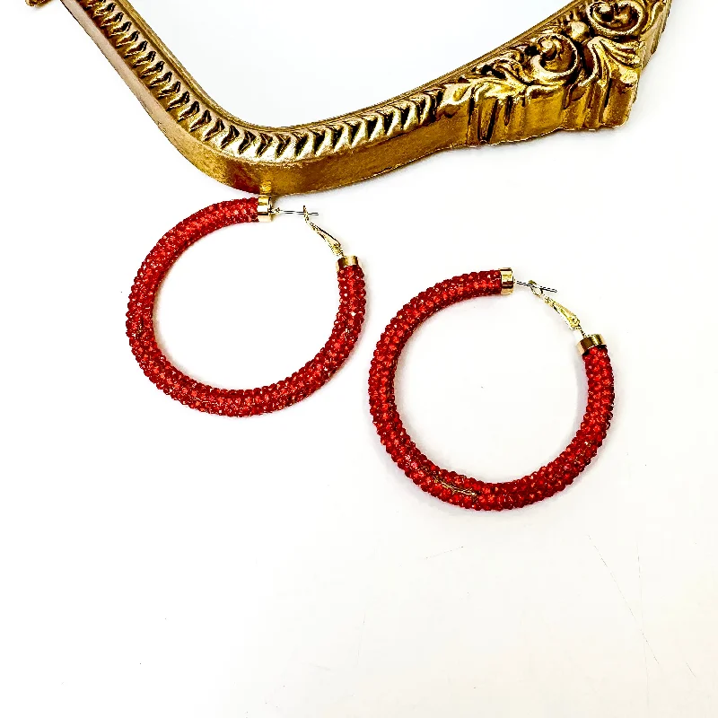 Pink Panache | Gold Tone Hoop Earrings With Rhinestone Mesh in Red