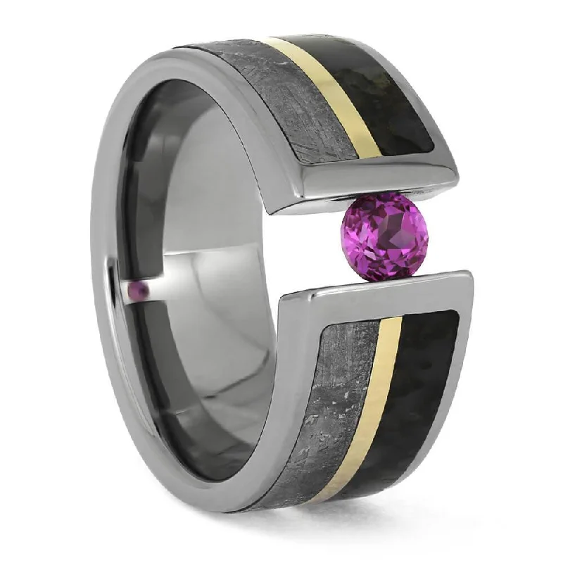 Glimmering Pink Sapphire Bordered by Meteorite and Dinosaur Bone