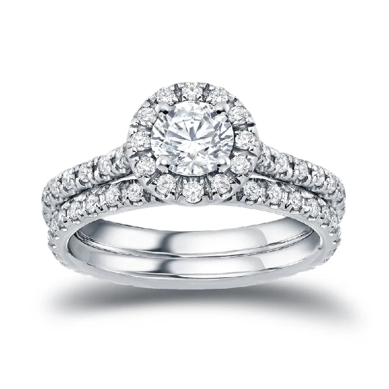 Platinum Round 1ct TDW Certified Diamond Halo Engagement Ring Set by Auriya