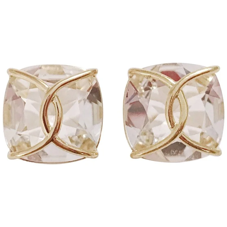 Rock Crystal Cushion Stud Earring with Yellow Gold Wire Wrap