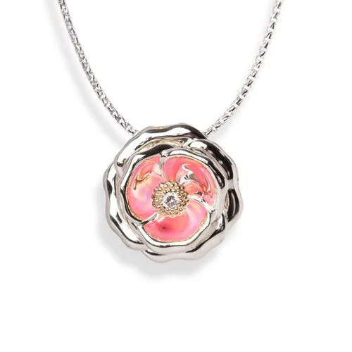 Floral Rose Opal & Diamond Pendant in 14k & Silver