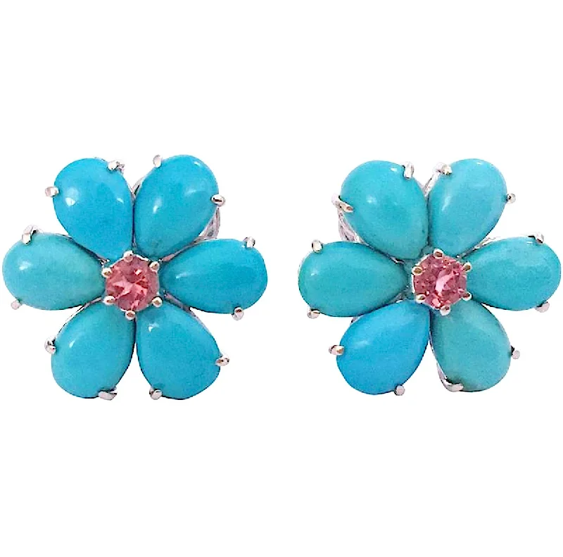 Rubelite Turquoise Gold Flower Earrings