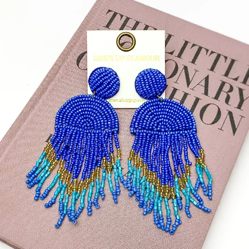 Semi Circle Drop Beaded Earrings with Tassels in Blue