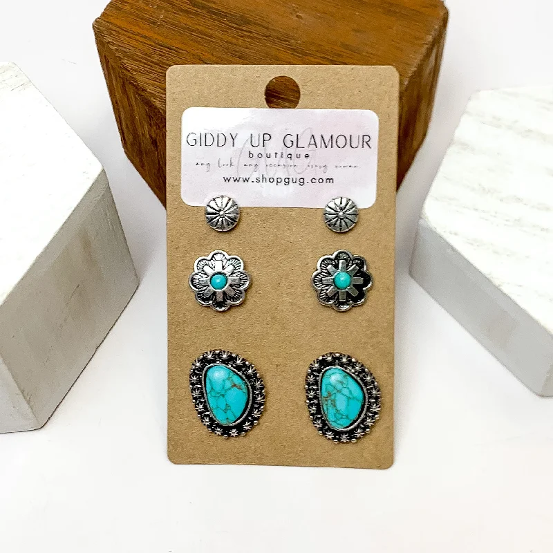 Set Of Three | Flower and Stone Silver Tone Earring Set in Turquoise