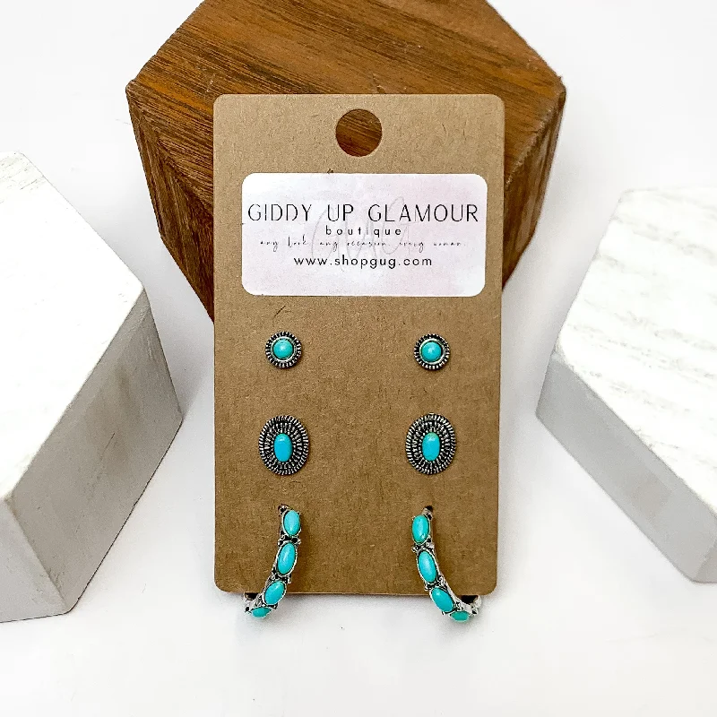 Set Of Three | Stud and Hoop Silver Tone Earring Set in Turquoise