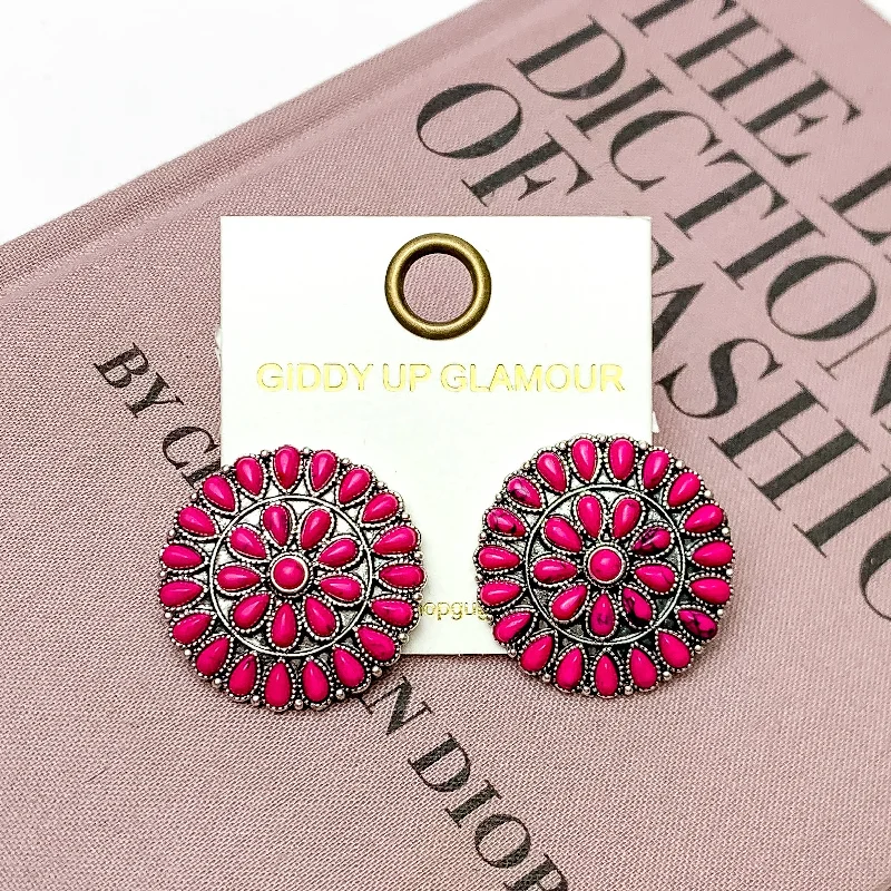 Silver Tone Circle Earrings with Fuchsia Pink Stones