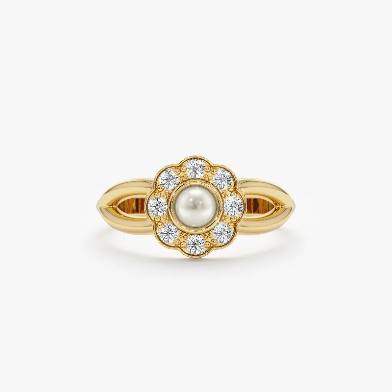 Single Pearl Diamond Flower Ring, Dahlia