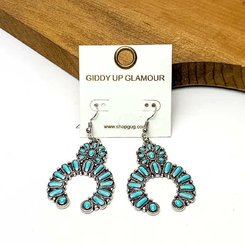 Squash Blossom Silver Tone Medium Earrings in Turquoise