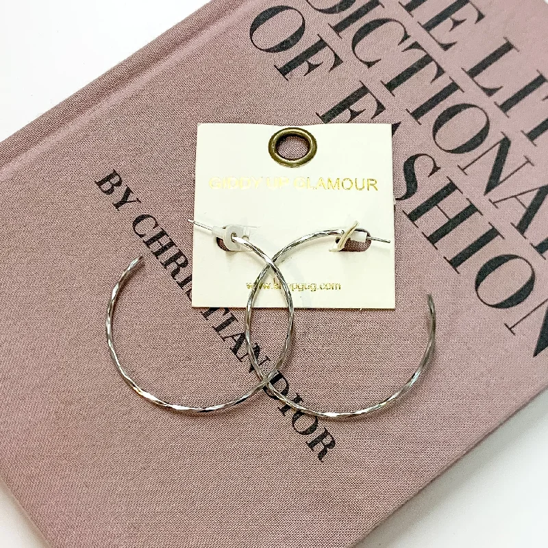 Thin Hammered Hoop Earrings in Silver Tone