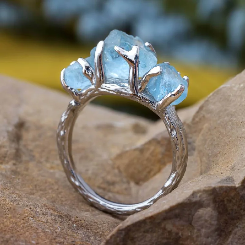 Three Stone Engagement Ring With Rough Aquamarines