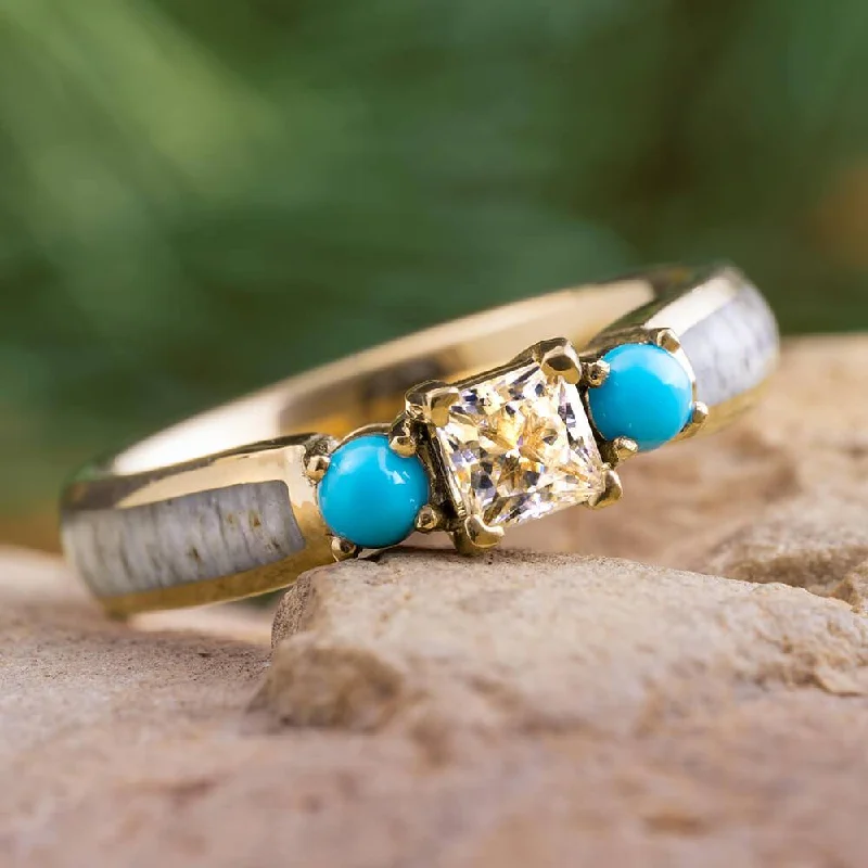 Gold Three Stone Engagement Ring With Antler & Turquoise