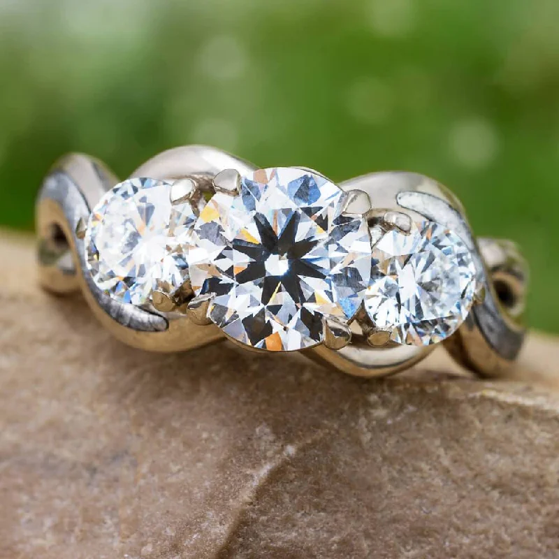 Three Stone Diamond Engagement Ring With Twisting Shank & Meteorite