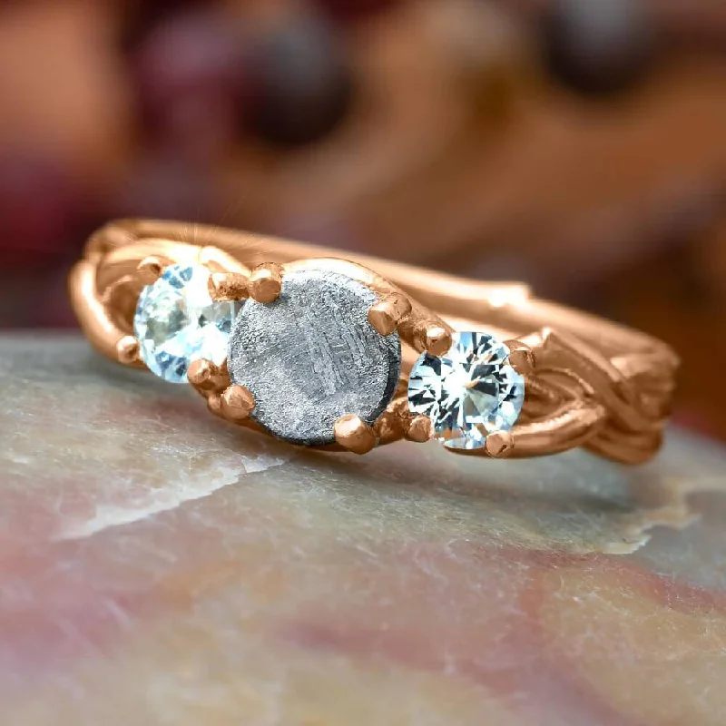 Three Stone Rose Gold Engagement Ring with Meteorite Center Stone