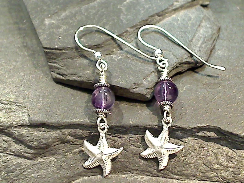 Amethyst, Sterling Silver Starfish Earrings