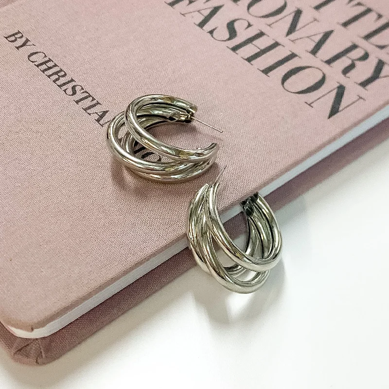 Triple Hoop Earrings in Silver Tone